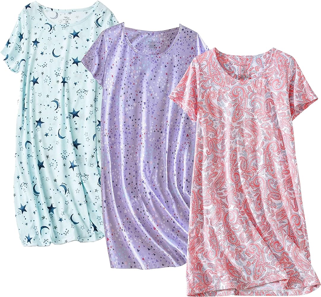 PNAEONG 3 Pack Women's Cotton Nightgown Sleepwear Short Sleeves Shirt Casual Print Sleepdress