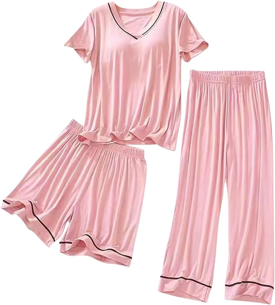 Womens 3pcs Pajamas Set Short Sleeve V Neck Tops Sleepwear Soft Pj Loungewear 3 Piece Pajama Sets Shorts with Long Pant