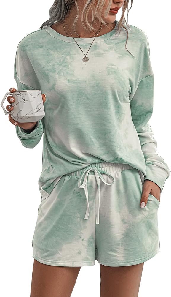 PRETTYGARDEN Women's Tie Dye Printed Pajamas Set Casual Long Sleeve Tops with Lounge Shorts Two Piece Sleepwear