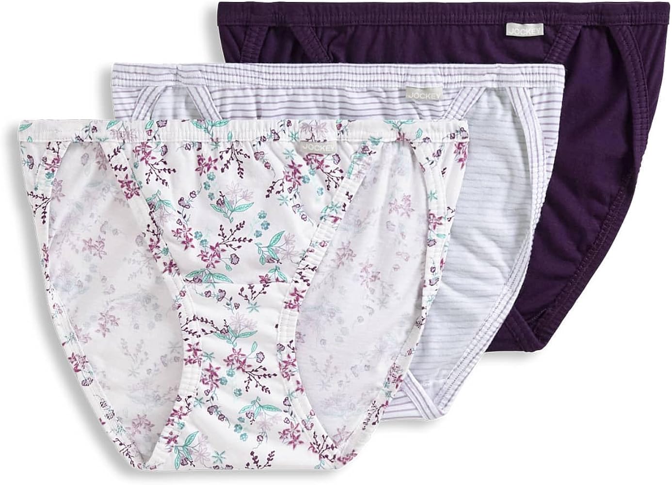 Jockey Women's Underwear Elance String Bikini - 3 Pack, Deep Plum/Belvedere Lavender Stripe/Bella Floral, 7