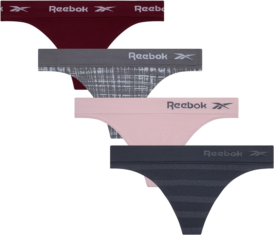 Reebok Women's Thongs - 4 Pack Performance Seamless Thongs for Women Sexy Panties - Breathable Underwear for Women (S-XL)