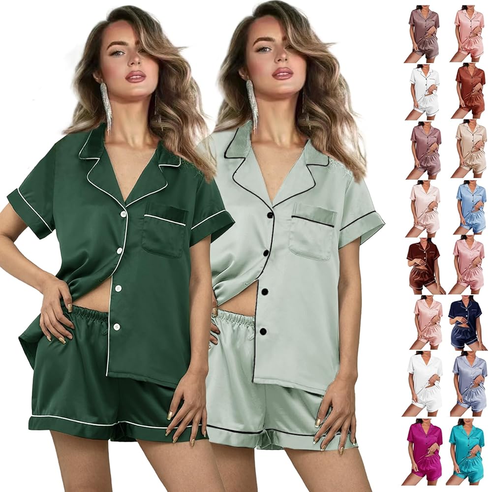 2 Pack: Silk Pajamas XS-2XL Womens Satin Pajama Set Bride Soft Pj Lounge Sets Pjs Shorts Set Short Sleepwear