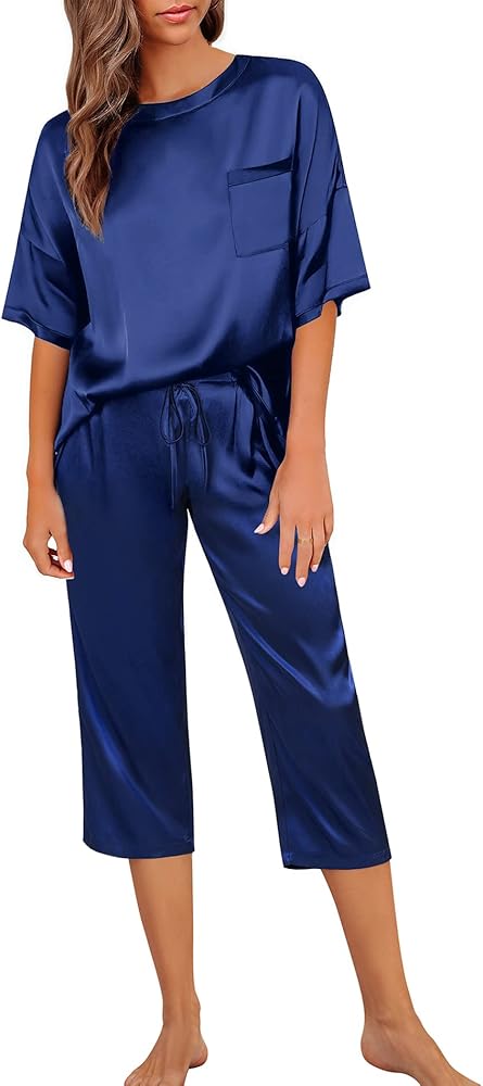 SWOMOG Womens 2 Piece Satin Pajamas Silk Short Sleeve Pjs Sets Capri Bottom Pajama Pants Loose Outfit with Pockets