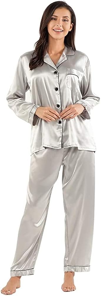 Satin Pajamas Set, Women's Long Sleeve Sleepwear Button Down Simulation Silk Loungewear