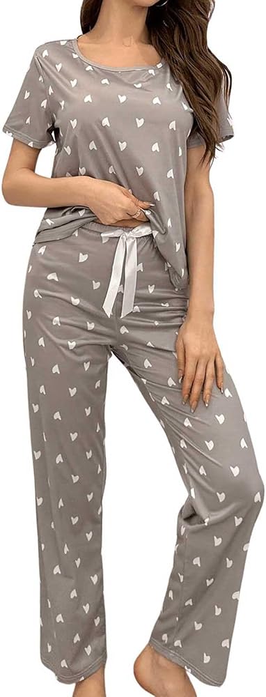 SOLY HUX Women's Heart Print Pajama Set Short Sleeve Tee Tops and Pants Loungewear Sleepwear