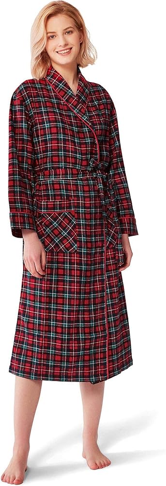 SIORO Womens Flannel Robes, Soft Cotton Plaid Bathrobe Shawl Collar Loungewear