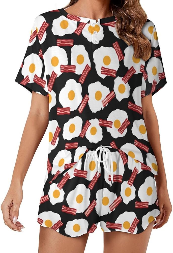 Bacon And Fried Eggs Women's 2 Piece Pajamas Short Sleeve Shorts Sleepwear Set Causal Loungewear Home Suit 5XL