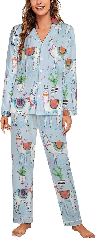 Llama Cactus Women's Long Sleeve Button Down Sleepwear Soft Nightwear Lounge Pajamas Set