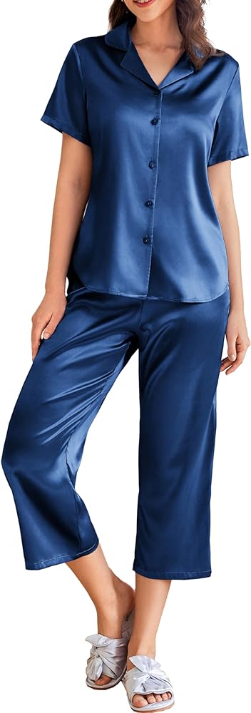 Ekouaer Womens Satin Pajamas Silk Capri Pjs 2 Piece Lounge Sets Short Sleeve Button Down Sleepwear