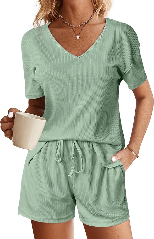 Ekouaer Womens Ribbed Knit Lounge Set Short Sleeve Top and Shorts Sleepwear Pajama Set Two Piece Matching Outfits Set Green XL