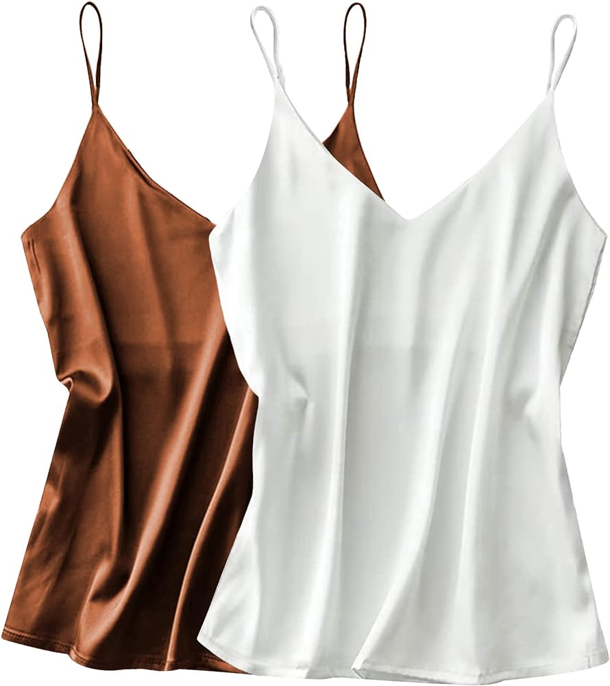 Ekouaer Womens Satin Tank Tops Silky Camisole V Neck Spaghetti Strap Blouses Sleeveless Cami Shirt