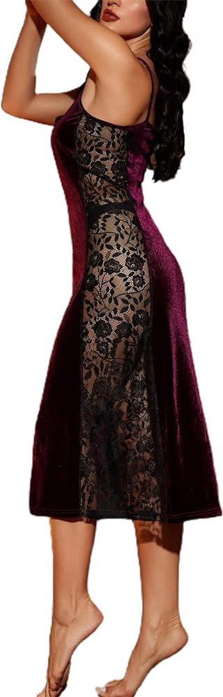 SOLY HUX Women's Floral Lace Side Velvet Chemise Nightgown Scoop Neck Long Slip Night Dress Sleepwear