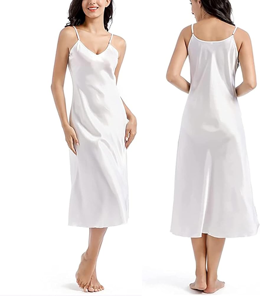 Womens Satin Nightgown Silk Slip Dress Sleepwear Sexy V Neck Negligee Lingerie Long Nightwear