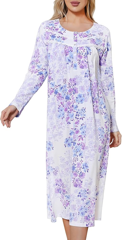 Long Cotton Nightgowns for Women Long Sleeve Night Gowns Women's Sleepwear Full Length Nightdress Soft Loungewear