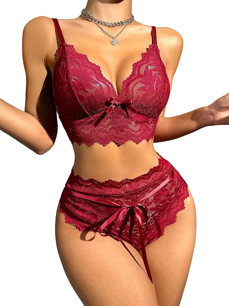 Lilosy Sexy Women Floral Lace Pajamas Lingerie Set High Waist Sheer Sleepwear Nightwear Cami Shorts Bra and Panty 2 Piece