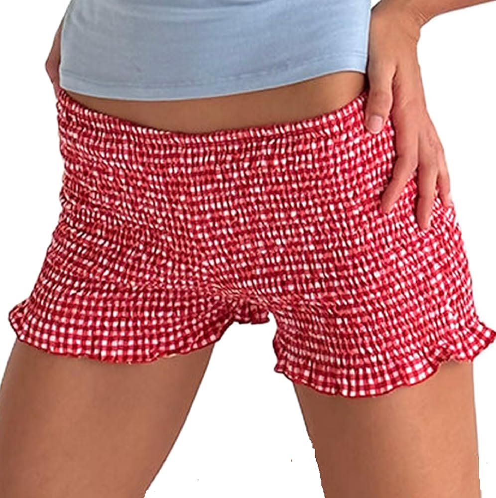 KMBANGI Women Smocked Micro Shorts Y2k Bloomers Ruffle Frill Hem Hot Pants Ruched Sexy Pajama Bottoms Sleepwear