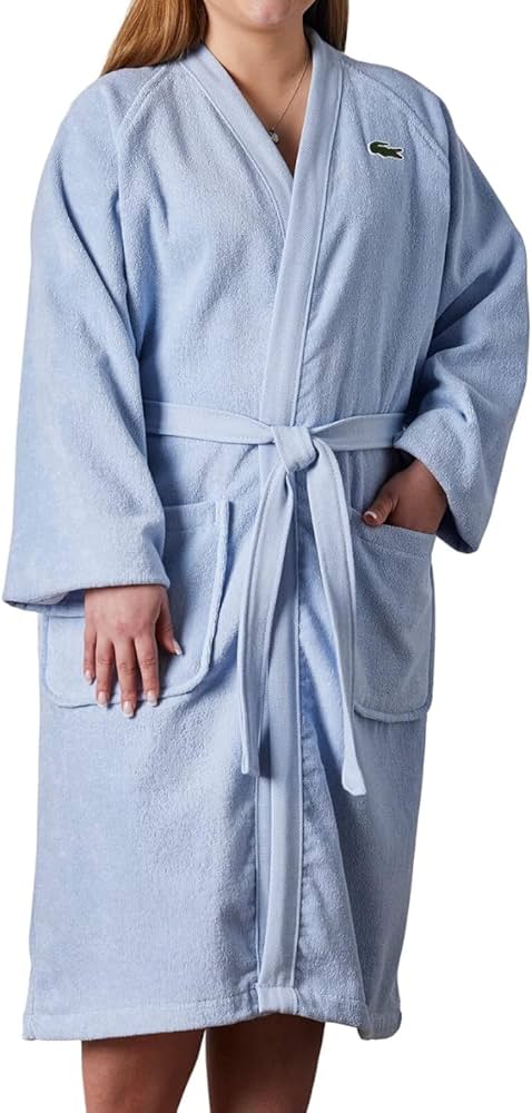 Lacoste Classic Pique 100% Cotton Bath Robe for Men & Women, One Size Fits Most, Sky