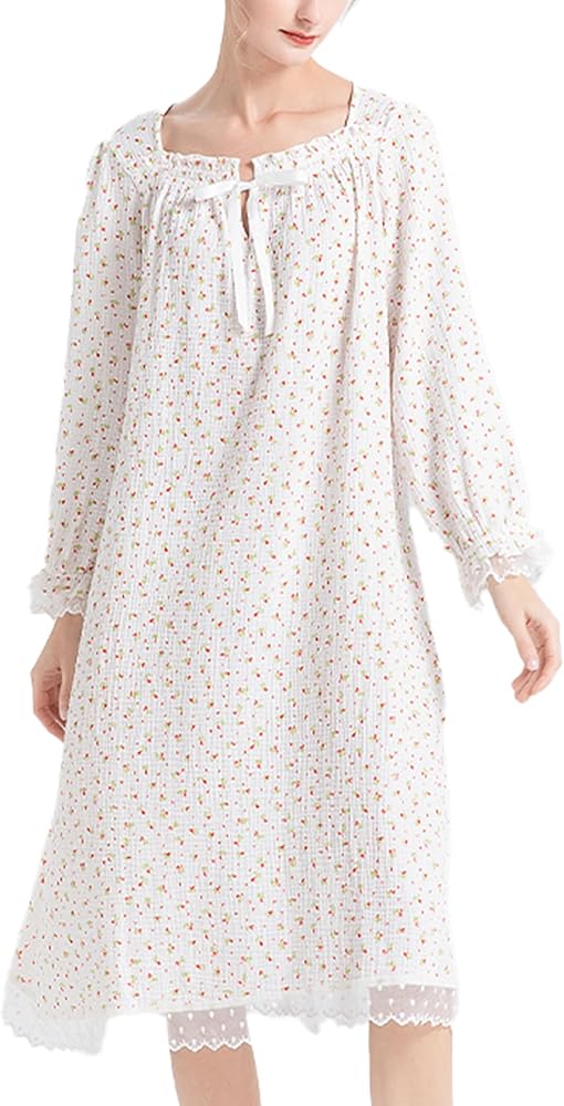 AIGE Womens Nightgown Long Sleeves, H-shape long nightgowns, Enjoy Sleep Sets for Women with loose fitting - Pastoral White