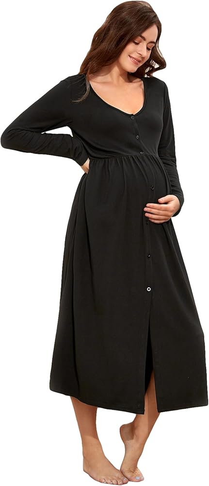 MakeMeChic Women's Maternity Solid V Neck Long Sleeve Button Down Nightgown Nightdress Sleepwear