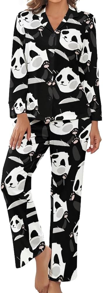 Funny Panda Womens Pajama Sets Pockets Pants Long Sleeve Sleepwear Nightwear Loungewear