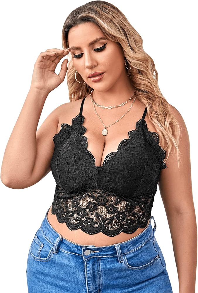 SOLY HUX Women's Plus Size Sexy Floral Lace Scalloped Trim Wireless Bra Adjustable Strap V Neck Everyday Bralette