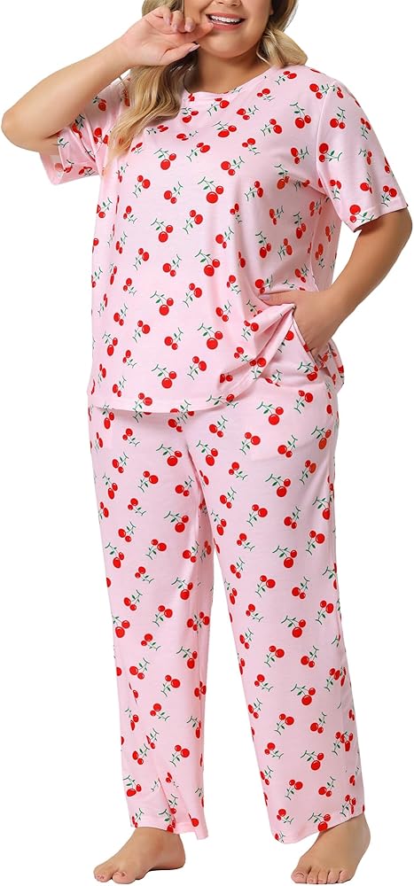 Agnes Orinda Plus Size Pajama Set for Women Soft Sleepwear Tops and Pants Pj Lounge Sets Print Pajama Sets