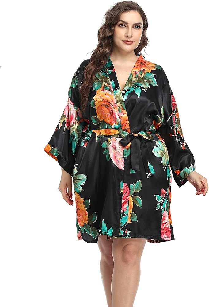 Women's Plus Size Satin Robes Floral Robe Wedding Party Kimono Robes Sleepwear