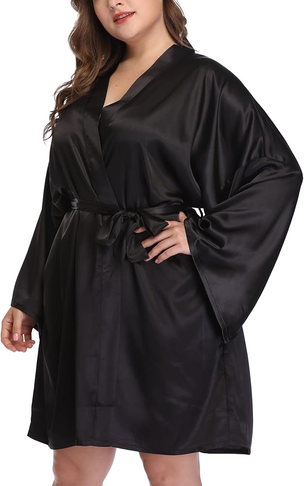 Women's Plus Size Silk Short Robes Lightweight Satin Kimono Bathrobe Silky Bride Bridesmaids Sleepwear