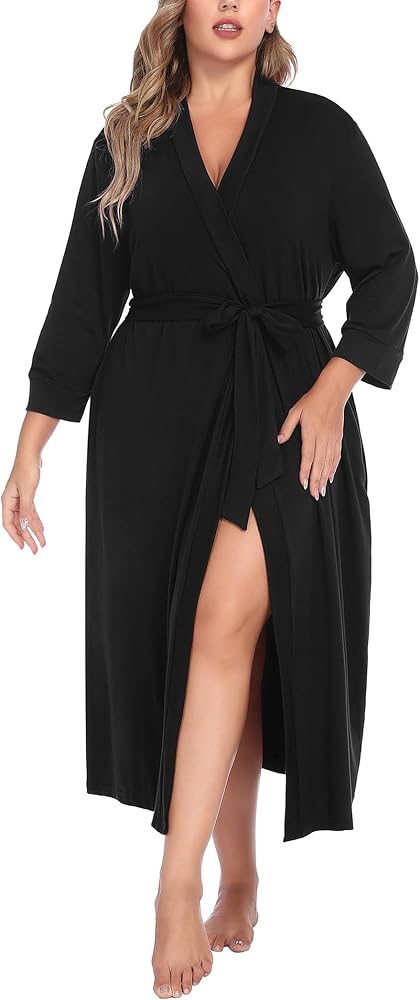 IN'VOLAND Womens Plus Size Kimono Robes Long Knit Bathrobe V Neck Ladies Loungewear Lightweight Soft Sleepwear 1X-5X