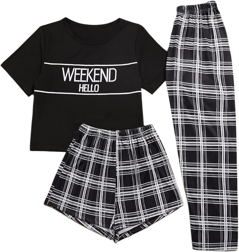 Verdusa Women's 3 Piece Plaid Print Pajama Sets Tee Top and Shorts Pants Pj Set