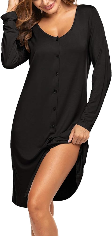 Ekouaer Womens Long Sleeve Button Down Nightgown Loose V-Neck Nightshirt Sleepwear Pajama Dress