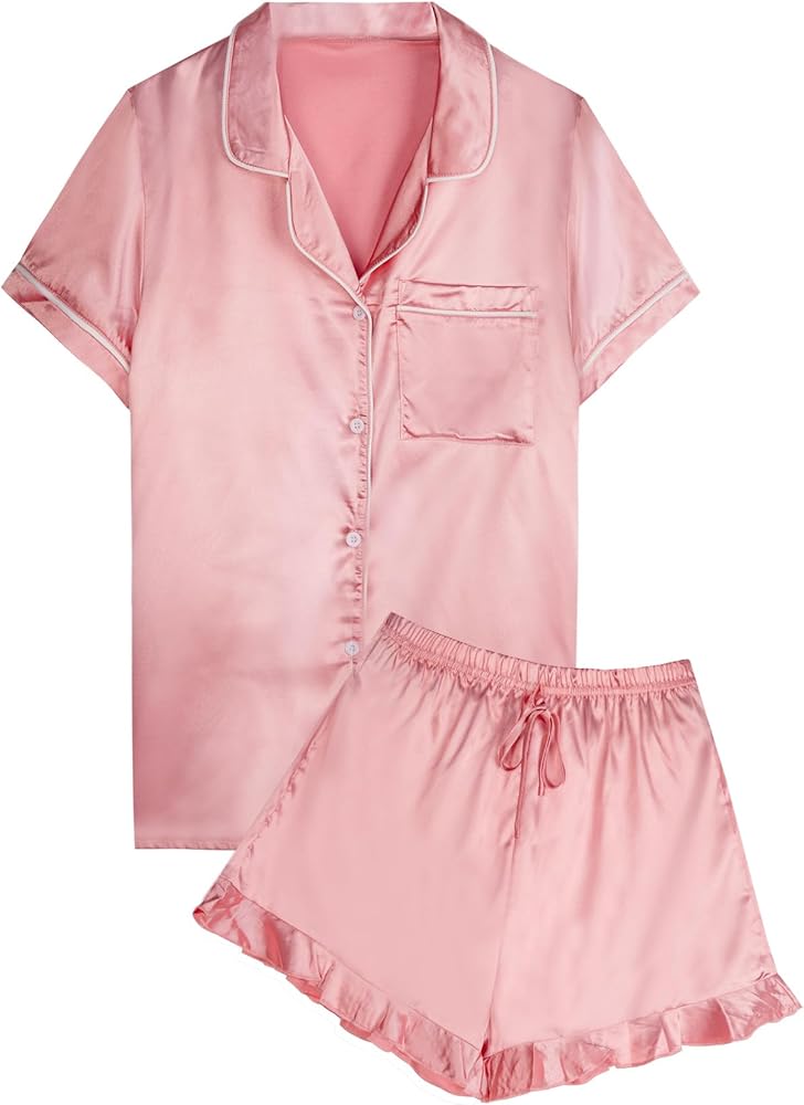 Remidoo Women's Ruffle Short Sleeve Button Down Satin 2 Piece Pajama Set Sleepwear