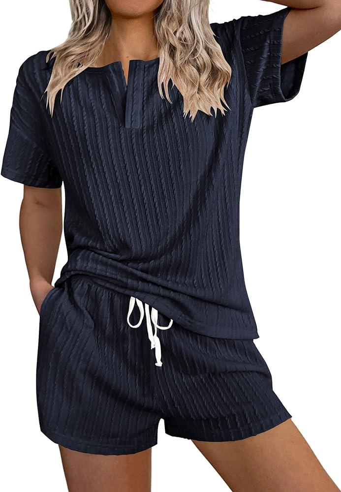 Ekouaer Ribbed Knit Lounge Sets for Women 2 Piece Outfits Short Sleeve Top and Shorts Pajama Sets Tracksuit Sweatsuits