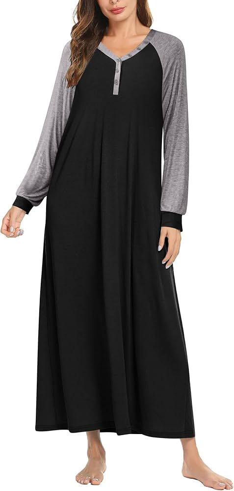 Ekouaer Nightgown Long Sleeve for Women Sleepwear V Neck Loungewear Button Full Length Nightshirt