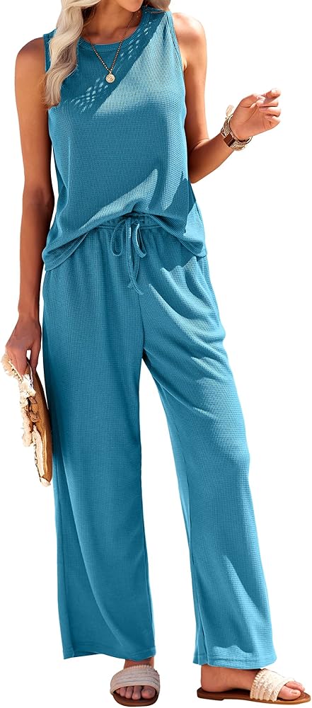 Ekouaer Womens Pajamas 2 Piece Lounge Set Waffle Knit Loungewear Sleeveless Tank Top with Long Pants Outfits S-XXL