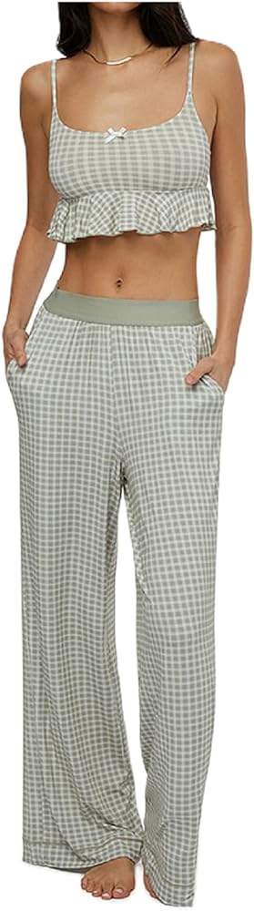 Luckinbaby Womens 2 Piece Sleeveless Lounge Set Spaghetti Strap Crop Tank Wide Leg Pants Pj Set Y2k Relaxed Plaid Sleepwear