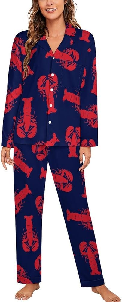 Red Lobster Women's Pajama Set Soft Button Down Lounge Set Long Sleeve Sleepwear Pjs Set