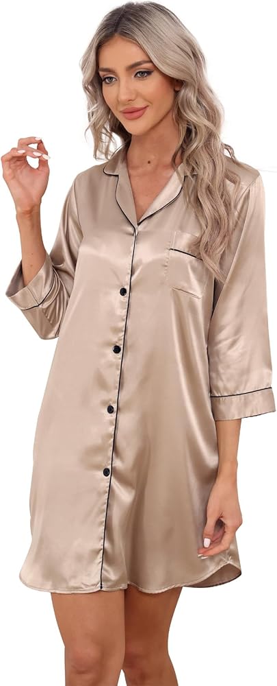 Women's Satin Nightgown Button Down Sleep Shirt 3/4 Sleeve Sleepwear V-Neck Pajama Dress Boyfriend Style Nightshirt