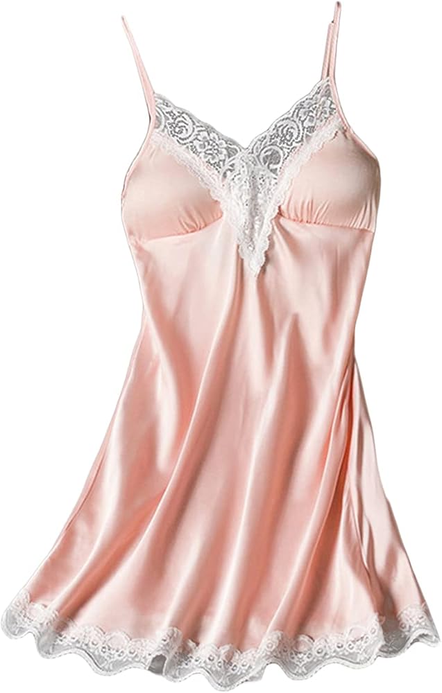 Satin Strap Dress Sleepwear for Women Sexy Nightie V Neck Sleepdress Nightwear Sling Lace Trim Chemise Nightgown