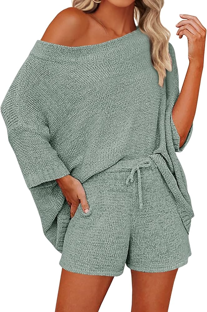 Mafulus Women's 2 Piece Outfits Sweater Sets Off Shoulder Knit Top Shorts Matching Suits Cute Pajama Lounge Set