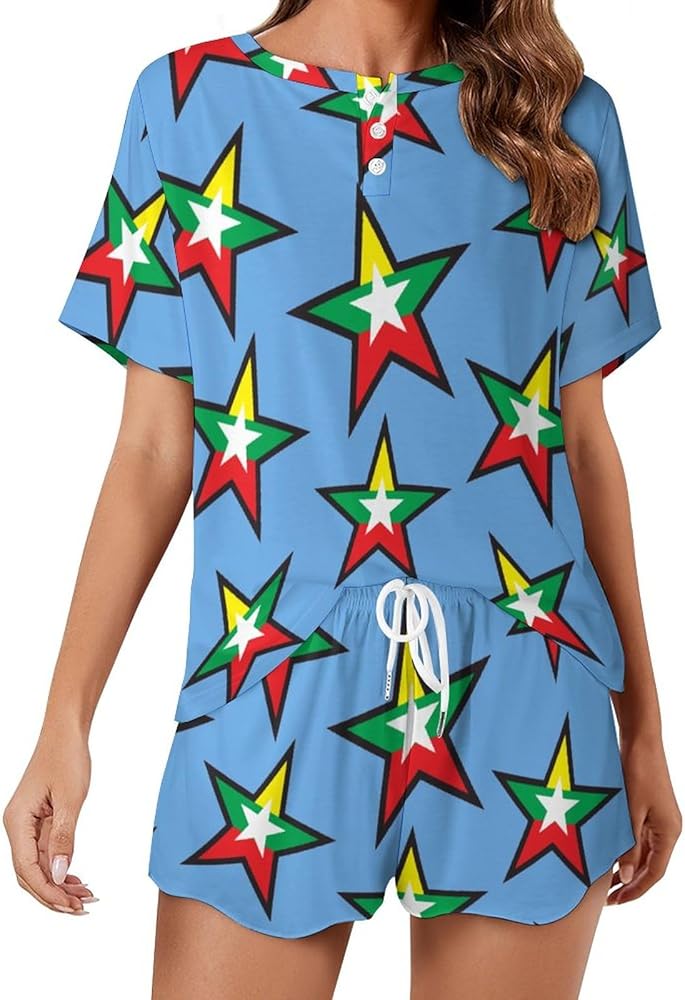 Myanmar Flag Star Classic Women's Pajamas Loungewear Set Loose Short Sleeve Sleepwear With Pockets