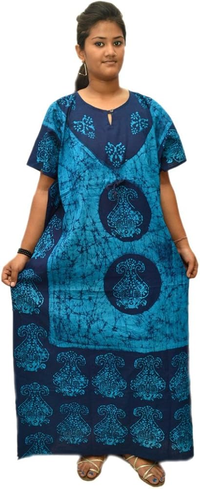 Womens Cotton Caftan Nighty Blue Navy Batik Kaftan Maxi Dress