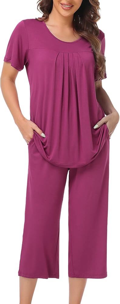 COLORFULLEAF Womens Pajama Sets Summer Pjs Lounge Sets for Women Soft Sleepwear Top and Capri Pants with Pockets