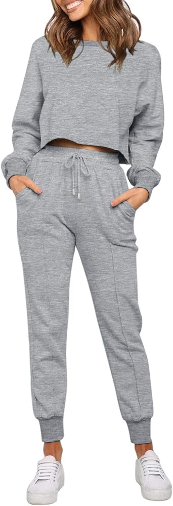 ZESICA Women's Long Sleeve Crop Top and Pants Pajama Sets 2 Piece Jogger Long Sleepwear Loungewear Pjs Sets