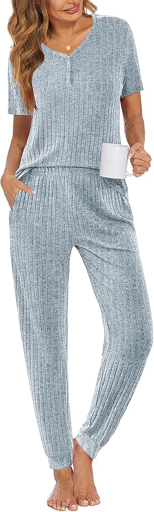 Ekouaer Pajama Sets for Womens Rib Knit Lounge Set Jogger Pants Short Sleeve Sleepwear 2 Piece Outfits Set with Pockets