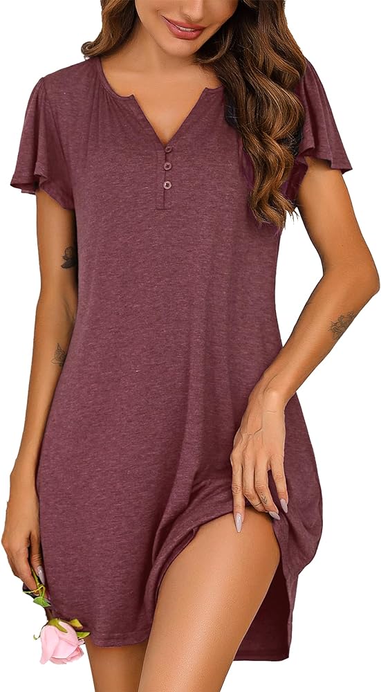 Marvmys Women's Nightgown Short Sleeve Sleepshirt Henley V Neck Nightshirt Sleepwear with Pockets