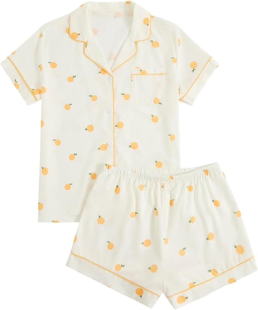 Verdusa Women's Two Piece Heart Print Button Down Collar Shirts and Shorts PJ Sets