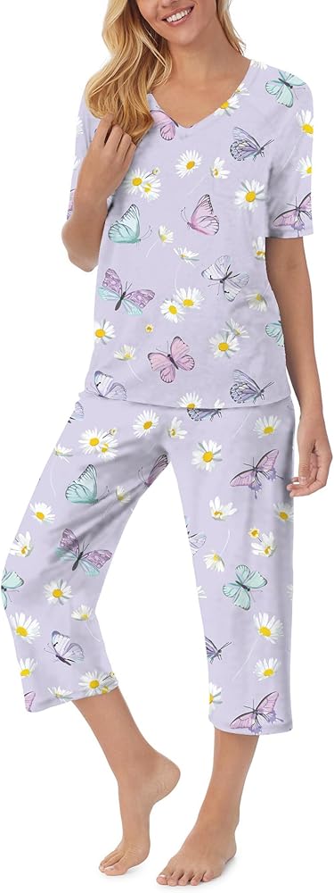 Womens Pajama Sets V-Neck Short Sleeve Top and Capri Pants with Pockets Sleepwear Set Two Piece PJS