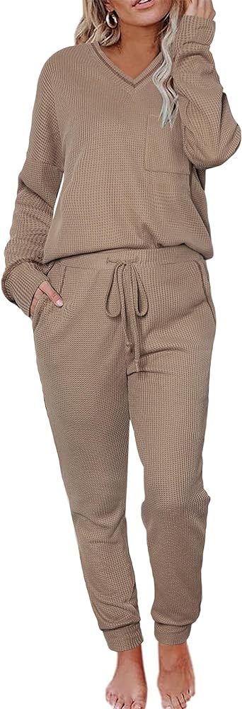 Womens Pajama Sets Waffle Knit 2 Piece Lounge Sets Sleepwear Loungewear Pjs Sets Long Sleeve V Neck Top and Pant Fall