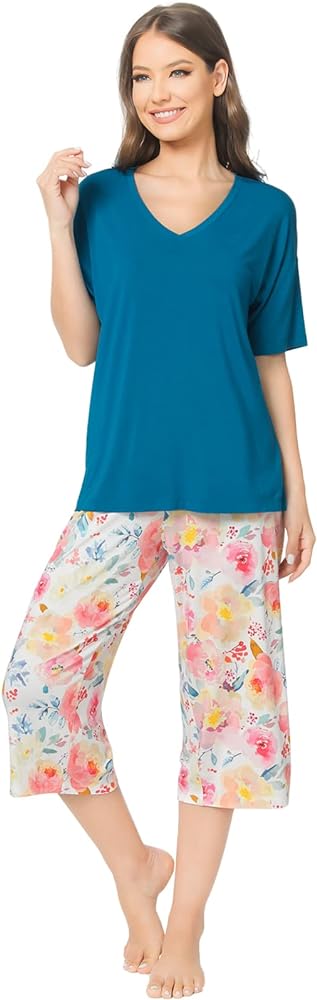 GYS Womens Bamboo Viscose Capri Pajama Set Printed Soft Comfy PJs Set